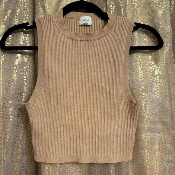 Wilfred Aritzia Reso Cropped Ribbed Crew Tan Sweater Tank Medium - Picture 1 of 5